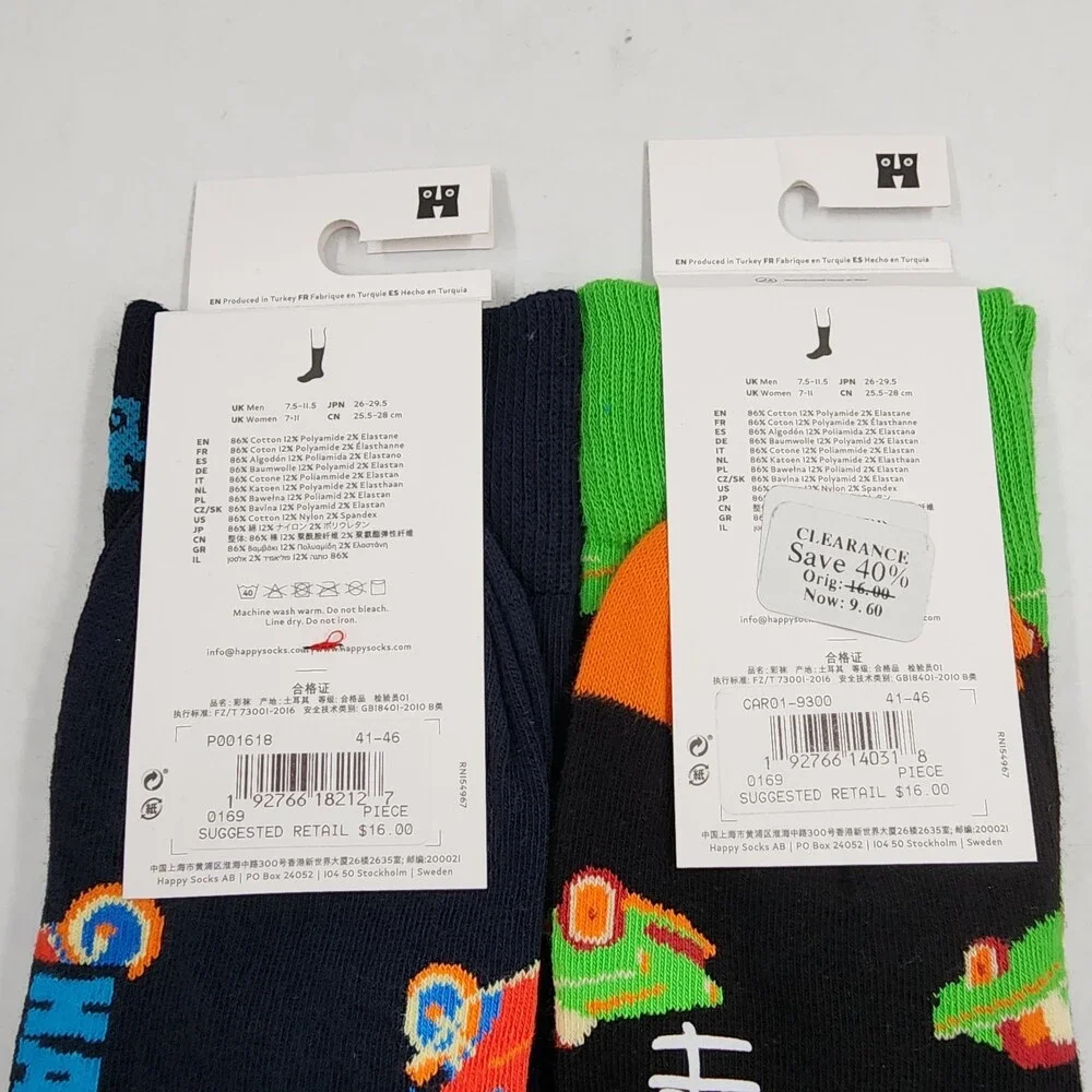 Happy Socks Motorbike/Cars Crew Sock Unisex M 8-12/W 10-12.5 Black Multi -2pairs - Picture 6 of 11